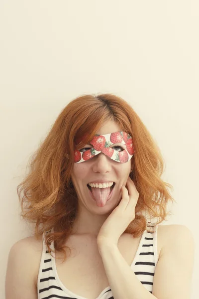 Superhero girl wearing mask with strawberries — Stock Photo, Image