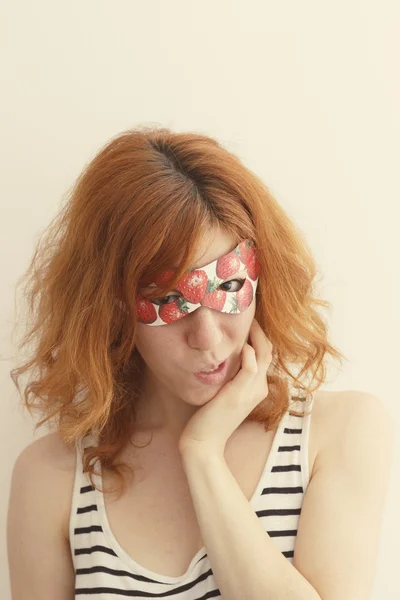 Superhero girl wearing mask with strawberries — Stock Photo, Image