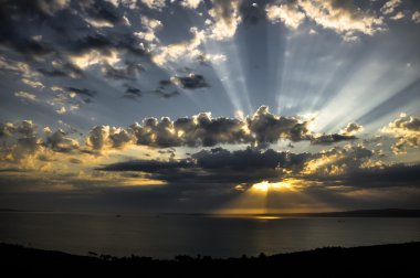 yapraklara bulutlu gün batımında