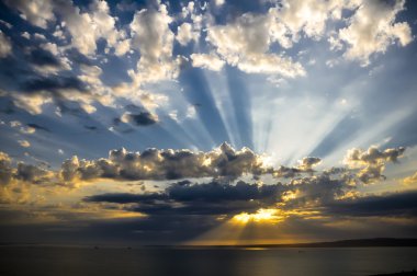yapraklara bulutlu gün batımında