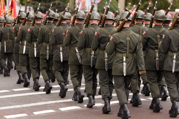 Istanbul, Turkey - October 29, 2021: Turkish soldiers walking lockstep on 29 October Republic Day of Turkey. Editorial shot in Istanbul.