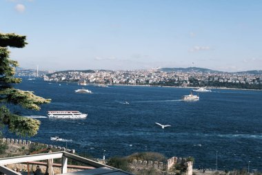 İstanbul, Türkiye - 30 Ekim 2021: İstanbul Boğazı sahnesi ve feribot. İstanbul 'da editör fotoğrafı.