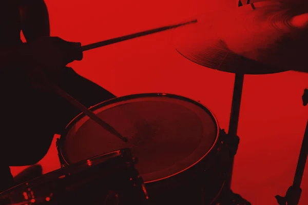 Silhouette Close Shot Sticks Drums Red Color Background — Stockfoto