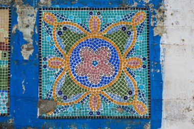 Izmir, Turkey - September 1, 2021: Faience figure decorations on a wall at Nazarkoy Kemalpasa Izmir Turkey