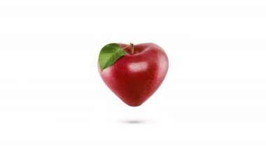 Kırmızı renkli, kalp şeklinde elma, beyaz arka planda kalp atışı animasyonu..