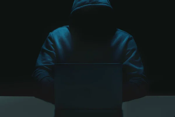Unrecognizable person using a laptop computer with a hoodie