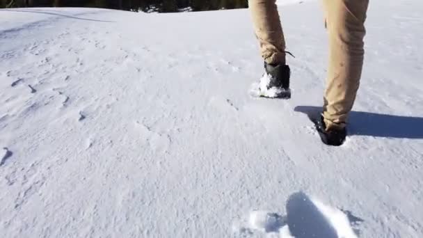 Siguiendo Pasos Pie Mientras Camina Sobre Nieve — Vídeo de stock