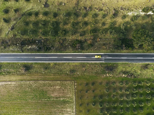 有一辆黄色汽车和靠近道路的橄榄地的道路的顶部视图 — 图库照片