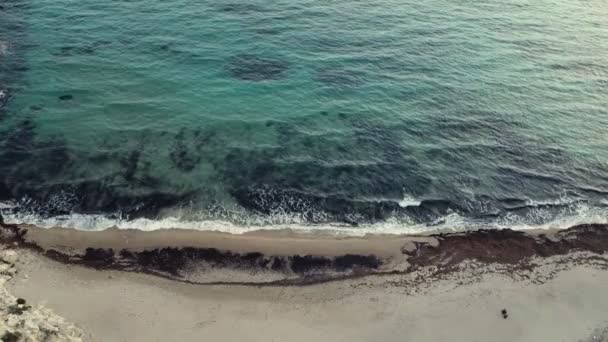 Antenn Ovanifrån Video Sandstrand Med Skummande Vågor — Stockvideo