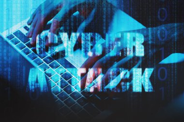 Mavi ışık altında dizüstü bilgisayar kullanan bir adam, ön planda 1 ve 0 haneli rakamlar.