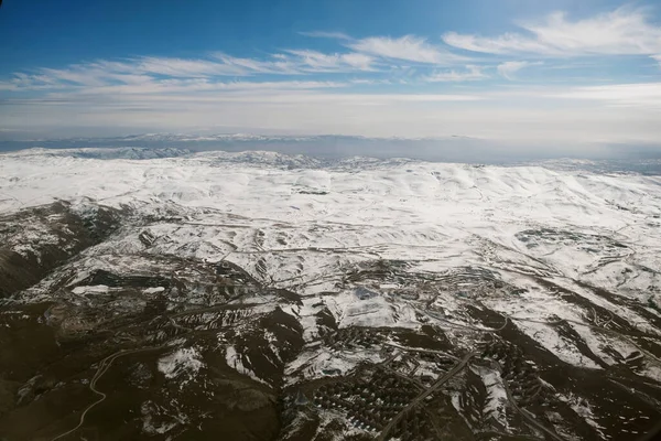 Aerial View Snowy Mountains Clouds — Fotografia de Stock