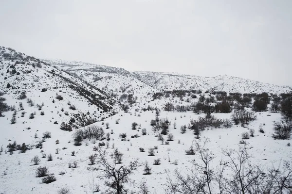 Karlı dağların ve tepelerin manzarası tren yolculuğundan ve kışın orta anadolu 'da.
