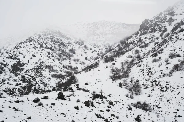 Landschaft Blick Auf Verschneite Berge Und Hügel Von Der Zugfahrt — Stockfoto