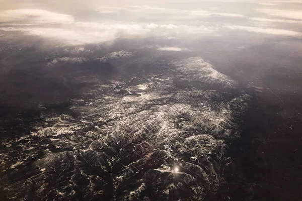 Aerial View Snowy Mountains Clouds — Zdjęcie stockowe