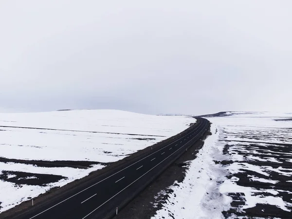 Vue Aérienne Diagonale Une Route Avec Une Voie Neige Hiver — Photo