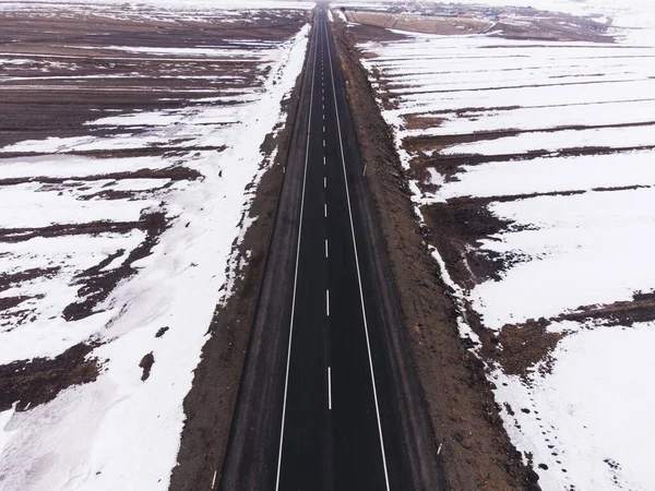 Luftaufnahme Einer Einspurigen Straße Mit Schnee Winter — Stockfoto
