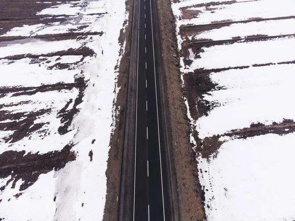 Вид Повітря Дорогу Однією Смугою Снігом Взимку — стокове фото
