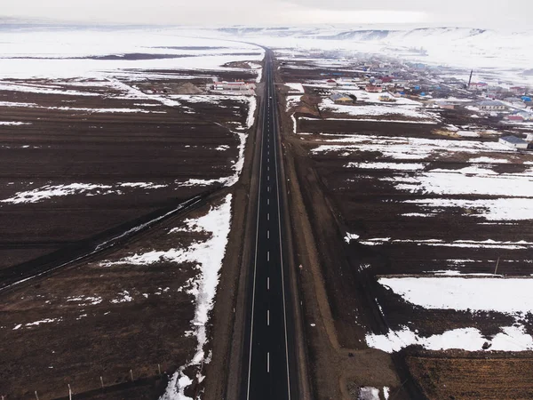 Luftaufnahme Einer Einspurigen Straße Mit Schnee Winter — Stockfoto