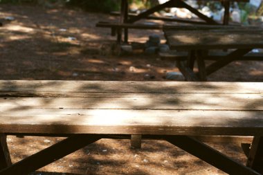 Doğadaki ahşap piknik masası.