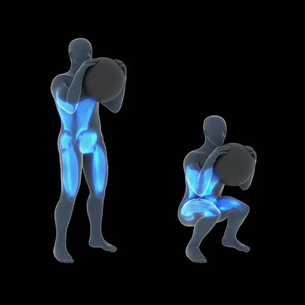 这个3D的插图展示了一个X射线人在一个黑色的背景下做着全球蹲壁球运动 — 图库照片