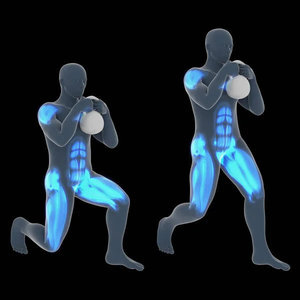 この3Dイラストは黒の背景でケトルベルのグローブな静的肺のトレーニングを実行しているX線男を示しています — ストック写真