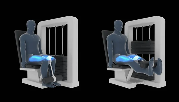 この3Dイラストは黒い背景で脚の拡張ワークアウトを実行しているX線男を示しています ロイヤリティフリーのストック画像
