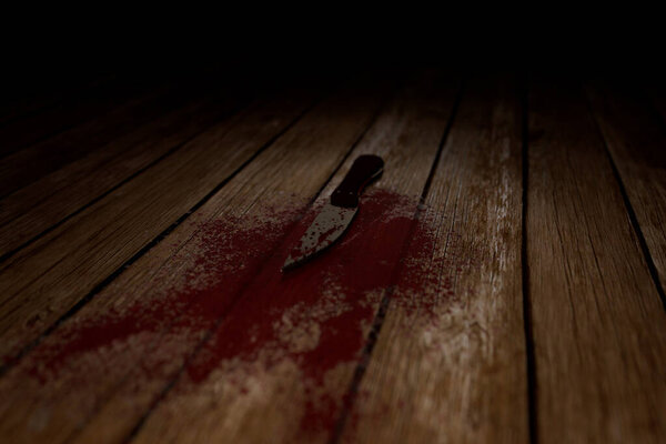 На этой трехмерной иллюстрации изображен окровавленный нож на деревянном полу
