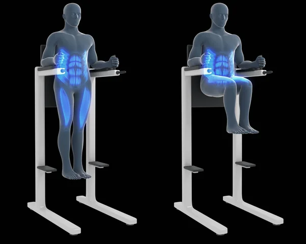 这个3D的例子显示了一个在黑色背景下做悬挂腿运动的X光男人 — 图库照片