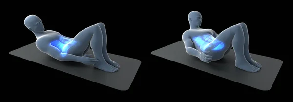 この3Dイラストは 黒の背景にクランチ足首のタッチワークアウトを実行するXray男を示しています ロイヤリティフリーのストック写真