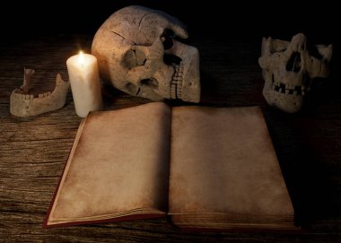 This 3d horror illustration shows an ancied book lit by candle