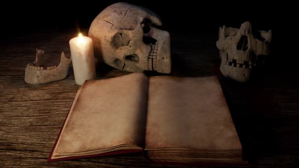 Horror Animation Shows Ancied Book Surrounded Skulls — стоковое видео