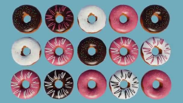 Este Fundo Animado Loop Diferentes Donuts — Vídeo de Stock