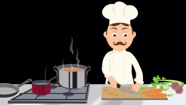 Cartoon Animation Shows Chef Slicing Carrots — Stock Video