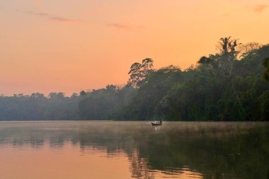 Peru Amazon 'unda Sandoval Gölü puslu günbatımında