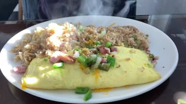 Ein Frisches Omelett Und Gebratener Reis Mit Grünen Zwiebeln Serviert — Stockvideo