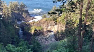 Brookings yakınlarındaki Güney Oregon Sahili 'ndeki Doğal Köprüler. Ağaçlarla kaplı uçurumlardaki Pasifik 'ten gelen dalgalar - Samuel H Boardman Sahne Koridoru, Oregon, ABD