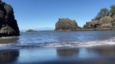 Dalgalar, Oregon sahilindeki çarpıcı Gizli Plaj 'da, kayalık, ağaçlarla kaplı adalar Pasifik Körfezi' ni Samuel H Boardman Sahne Koridoru, Oregon, ABD 'den koruyor.