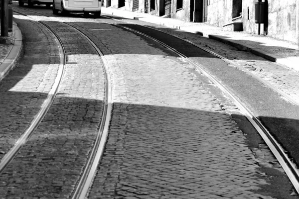 Трамвайные Рельсы Булыжной Улице Старом Городе Людей — стоковое фото