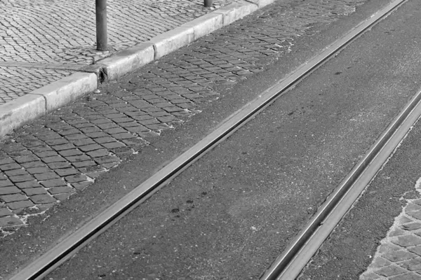 Carris Eléctrico Rua Paralelepípedos Cidade Velha Não Pessoas — Fotografia de Stock