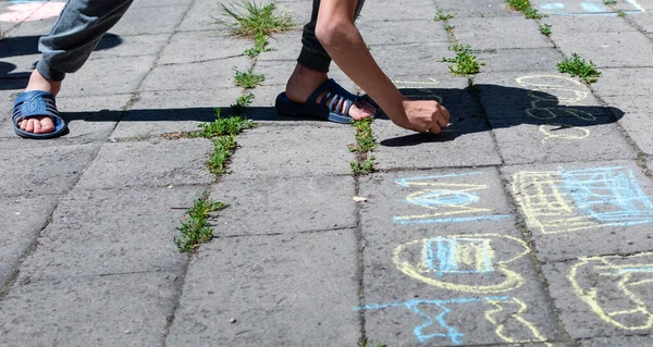 Boy Writing Colored Chalk Pavement Summer Time — 图库照片