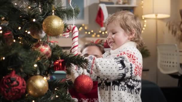 Mãe e filho estão decorando a árvore de Natal. A mãe e a criança de 2-3 anos em casa decoram a árvore de Natal, põem brinquedos em ramos. Movimento lento — Vídeo de Stock