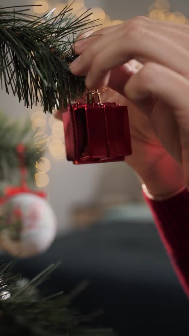 Decorare l'albero di Natale, giocattolo su ramo. La vista verticale di mani femminili in maglione rosso mette giocattoli di Natale a ramo di albero di Natale e lo spinge con dito. Primo piano e rallentatore — Video Stock
