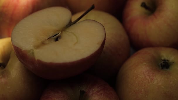 Frutta di mele. Primo piano di mela appetitosa fresca di taglio su cui il raggio di sole di luce cade — Video Stock