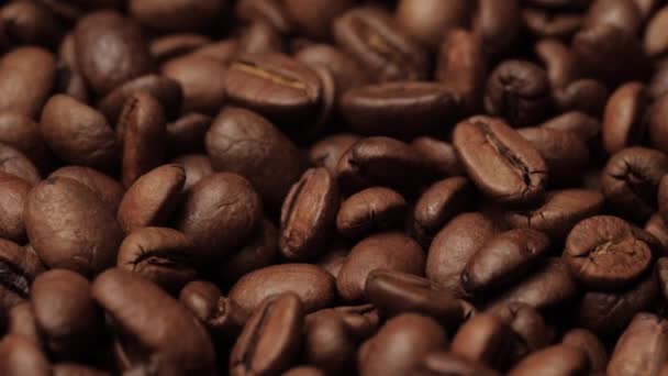 Kávová zrna. Kamera se pomalu posouvá dolů, aby ukázala detailní záběr pražených kávových zrn — Stock video