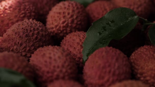 Lychee fruit. Zonnestraal verlicht langzaam lychee fruit in de schaduw. Close-up — Stockvideo
