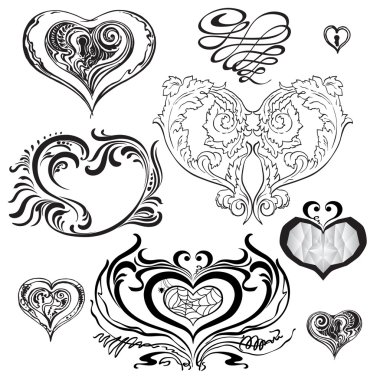 Farklı tarzlarda dekoratif kalpler kümesi.