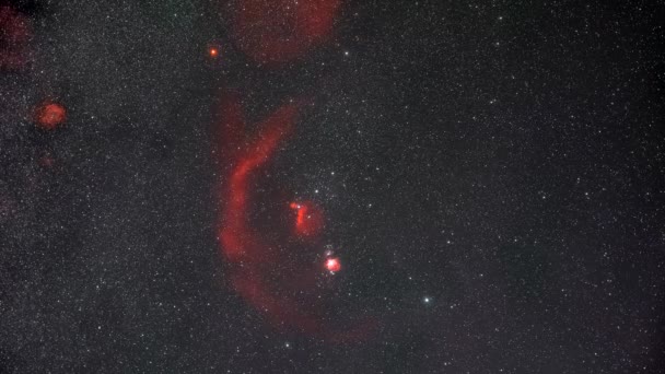 Konstelacja Oriona Gwiazda Betelgeuse Mgławic Ustabilizowanym Nocnym Niebie Kompensacją Obrotu — Wideo stockowe