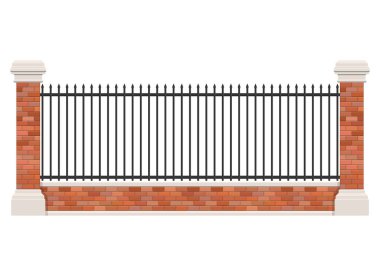 Beyaz arkaplanda tuğla ve çelik çit izole edildi