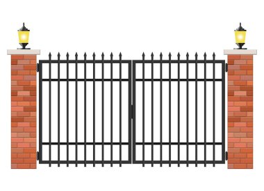 Beyaz zemin üzerinde tuğla ve çelik kapı izole