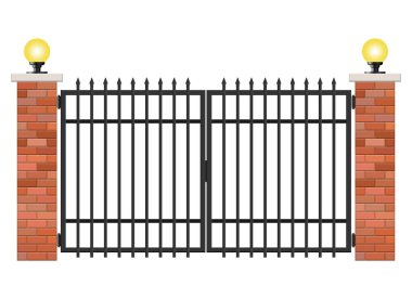 Beyaz zemin üzerinde tuğla ve çelik kapı izole